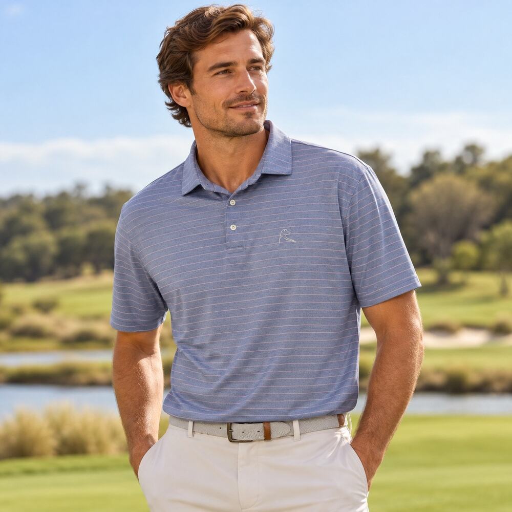 Rhoback Men’s Striped Performance Polo Shirt Pink Blue Size Large Golf Preppy
